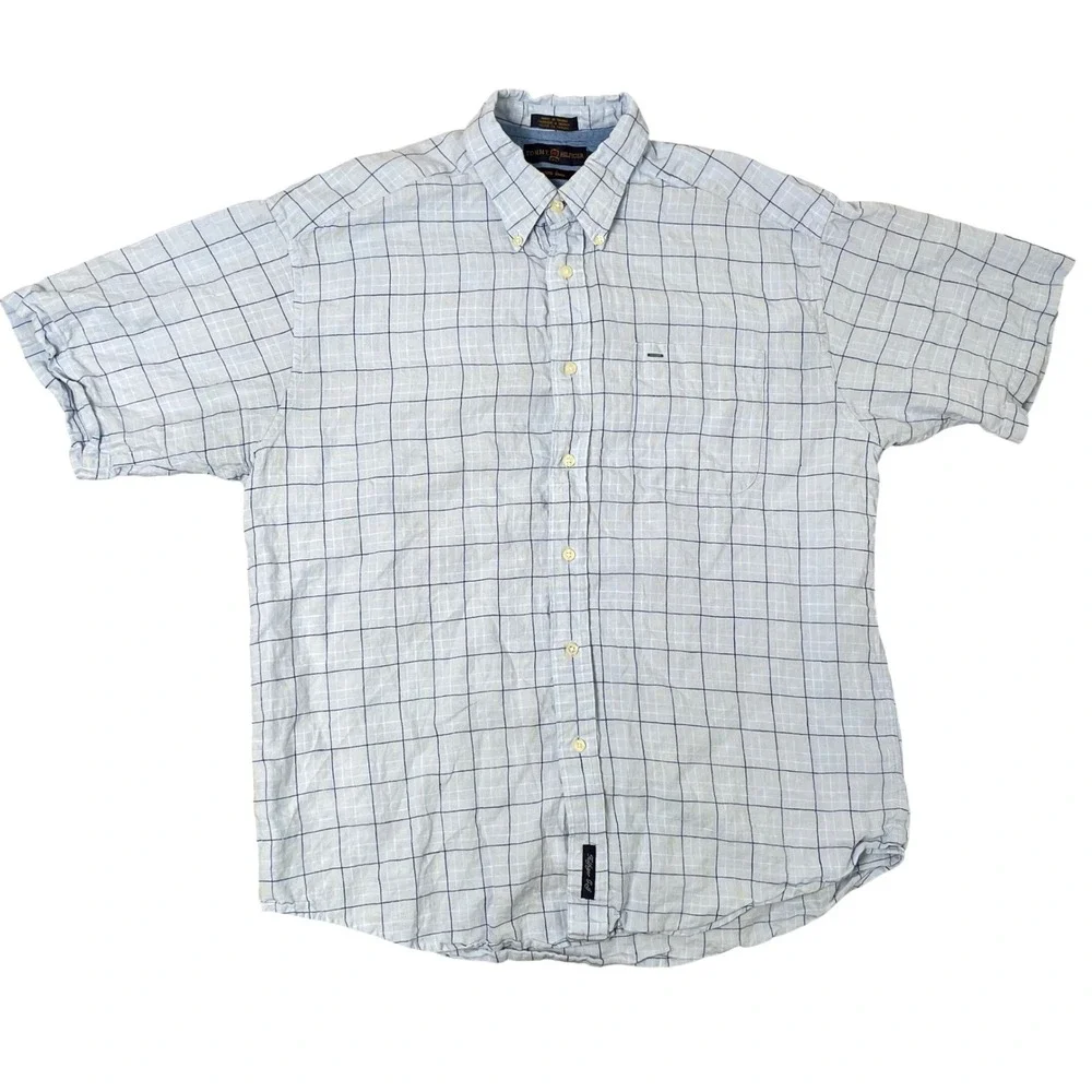 Tommy Hilfiger 100% Linen Button Down Mens Large Blue‎ Shirt Golf Summer Preppy